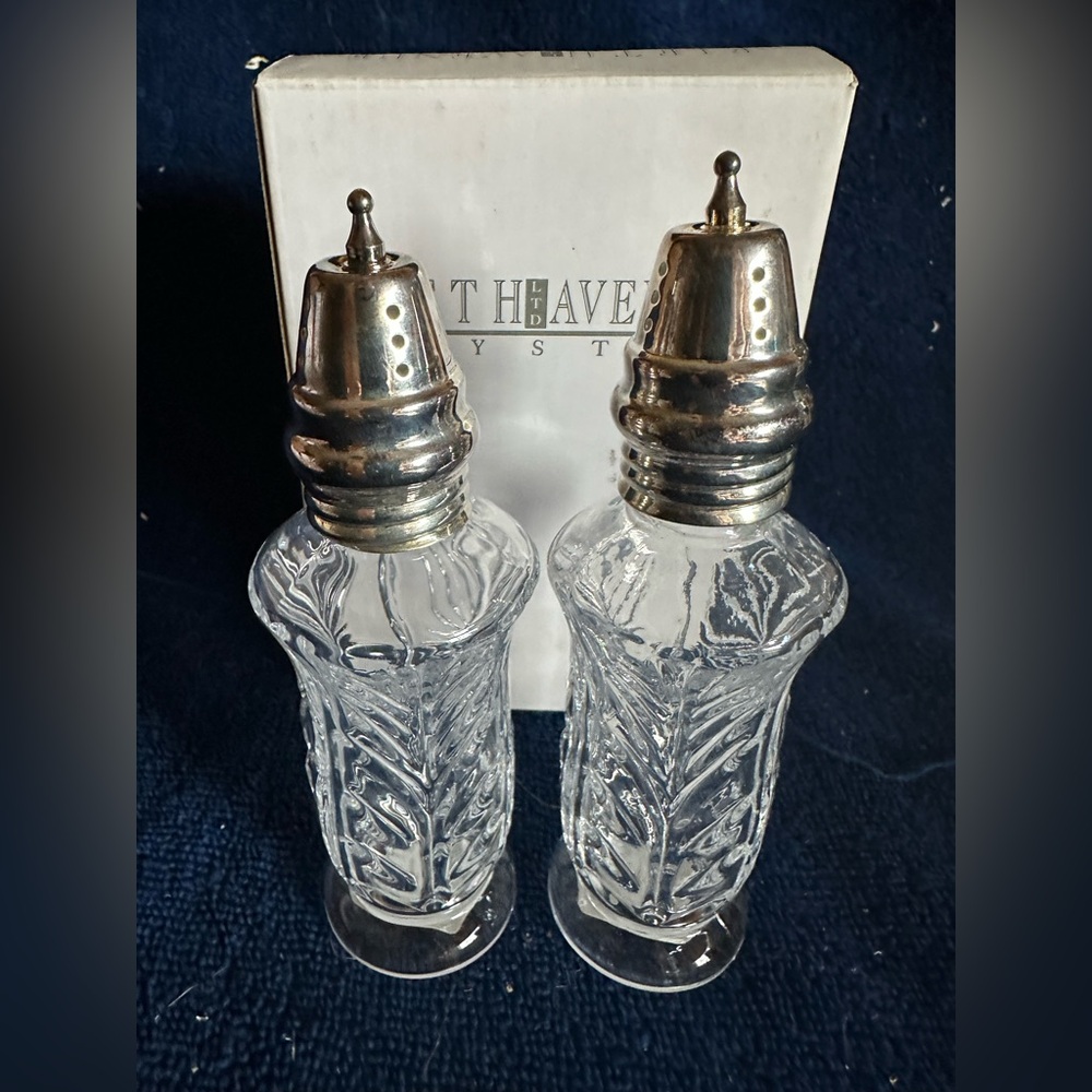 Vintage Fifth Avenue “Portico” Crystal Salt and Pepper Shakers Silver Plate Lids